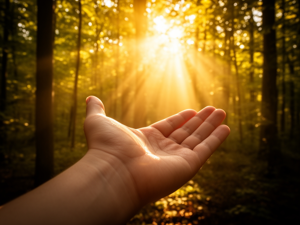Ranní sluneční světlo dopadající na kůži ruky v lese, zlaté paprsky procházejí listy stromů, symbolizuje přirozený zdroj vitamínu D