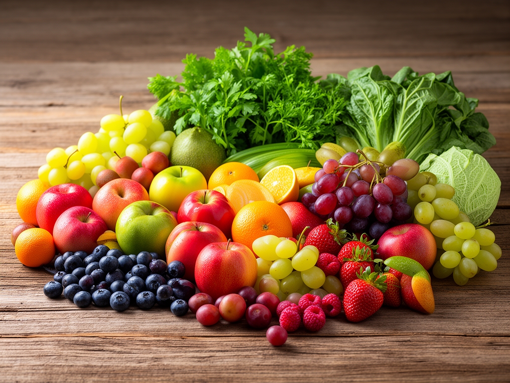 Různorodé čerstvé ovoce a zelenina na dřevěném povrchu, bohatý výběr barev a textur, přirozené denní světlo