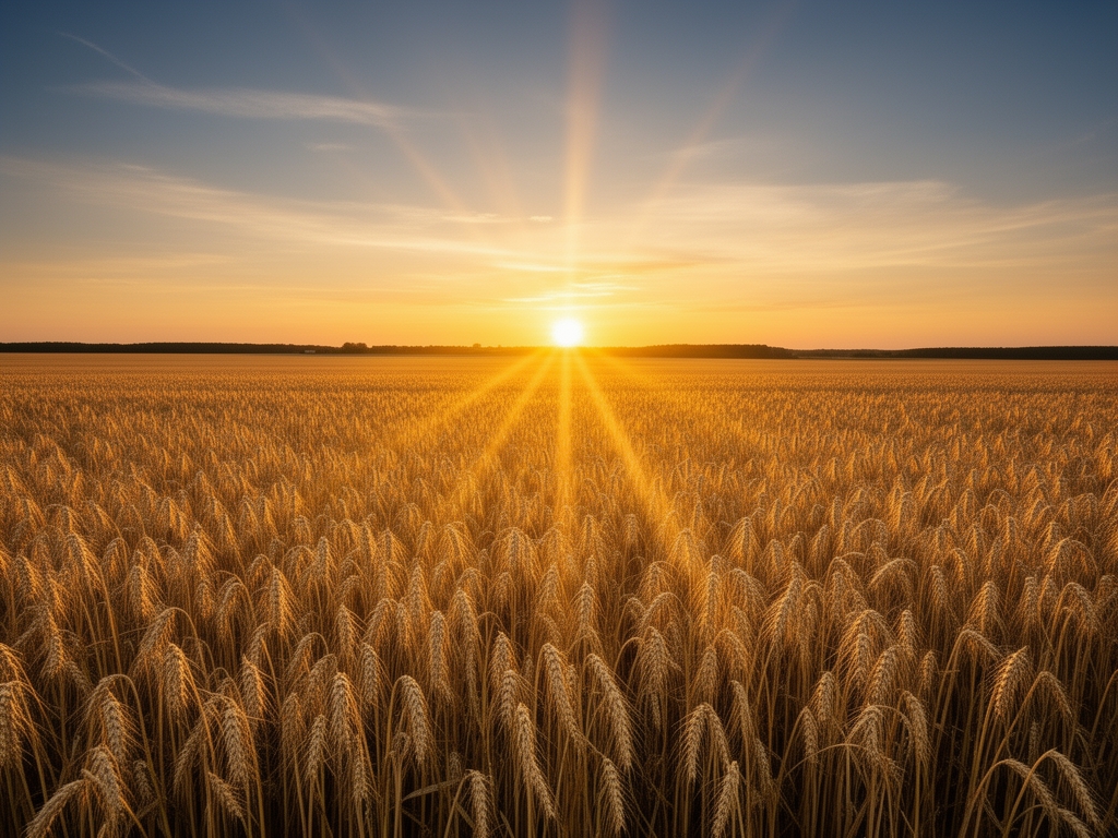 Klidný západ slunce nad polem s obilím, zlaté paprsky světla, symbolizující přirozený denní cyklus