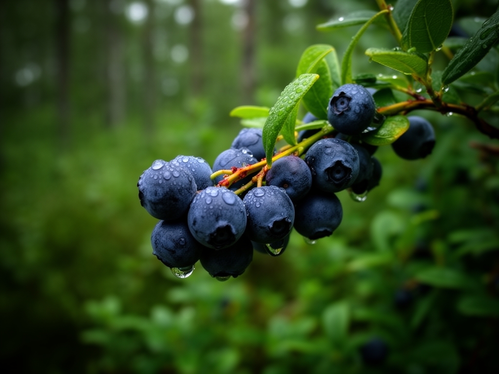 Detailní záběr čerstvých lesních borůvek na větvičce s kapkami rosy, přirozené osvětlení, hluboko zelené pozadí lesa